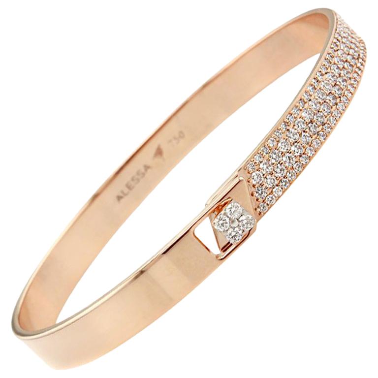 18K Rose Gold & 1.23 Carat Colorless Diamond Half Pave Solid Bracelet by Alessa For Sale