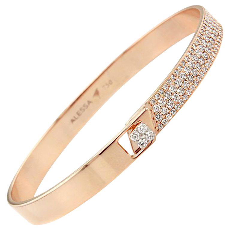 18K Rose Gold & 1.23 cts Colorless Diamond Half Pave Solid Bracelet by Alessa For Sale