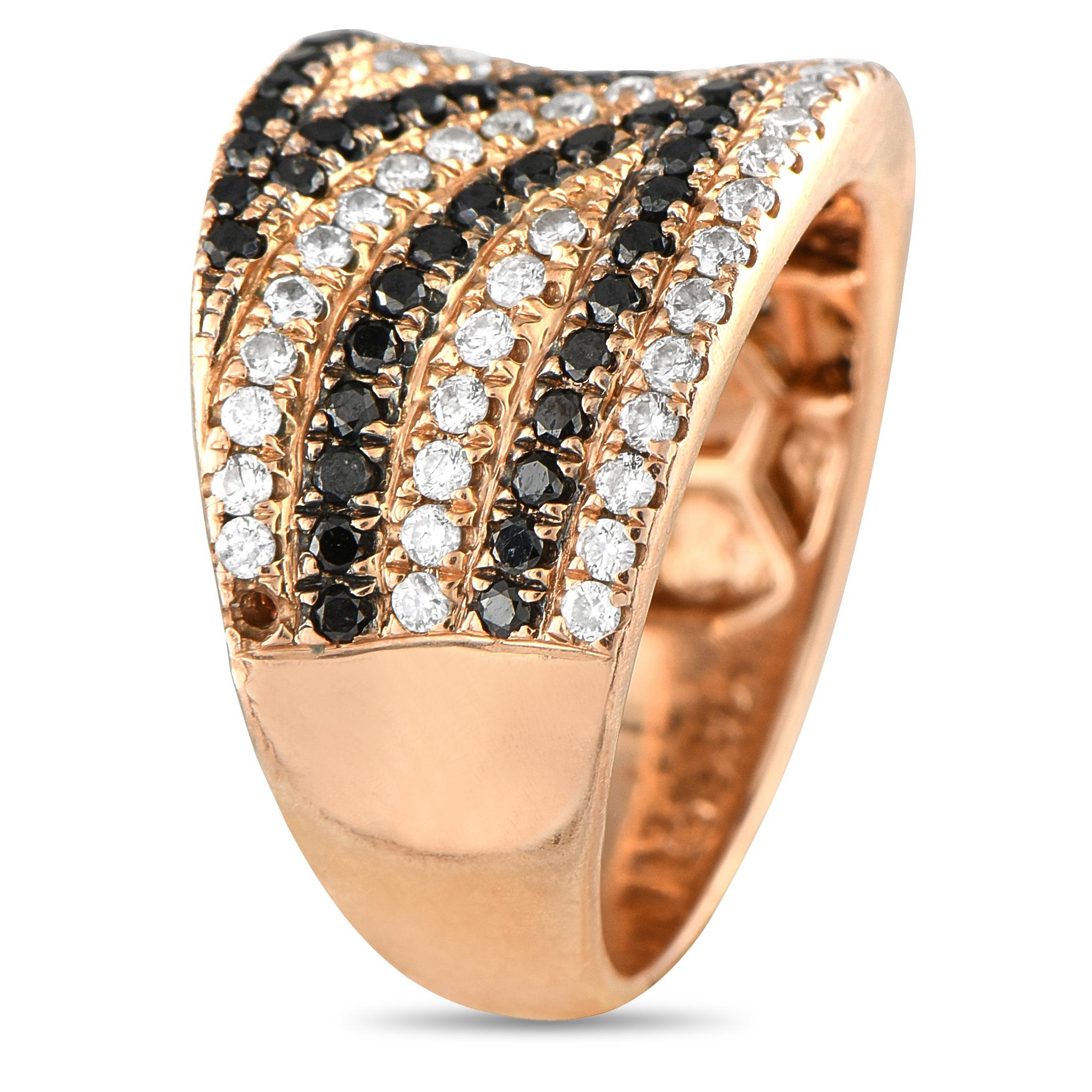 This radiant ring is undeniably opulent. Multiple rows of black and white Diamonds totaling 1.25 carats alternate at the top of the sleek, stylish 18K Rose Gold setting. Stunning and statement-making, it features a 4mm wide band and a top height