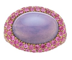 18k Rose Gold 12.9 ct Chalcedony Cabochon Ring with Pink Sapphire Accents Sz 6.5