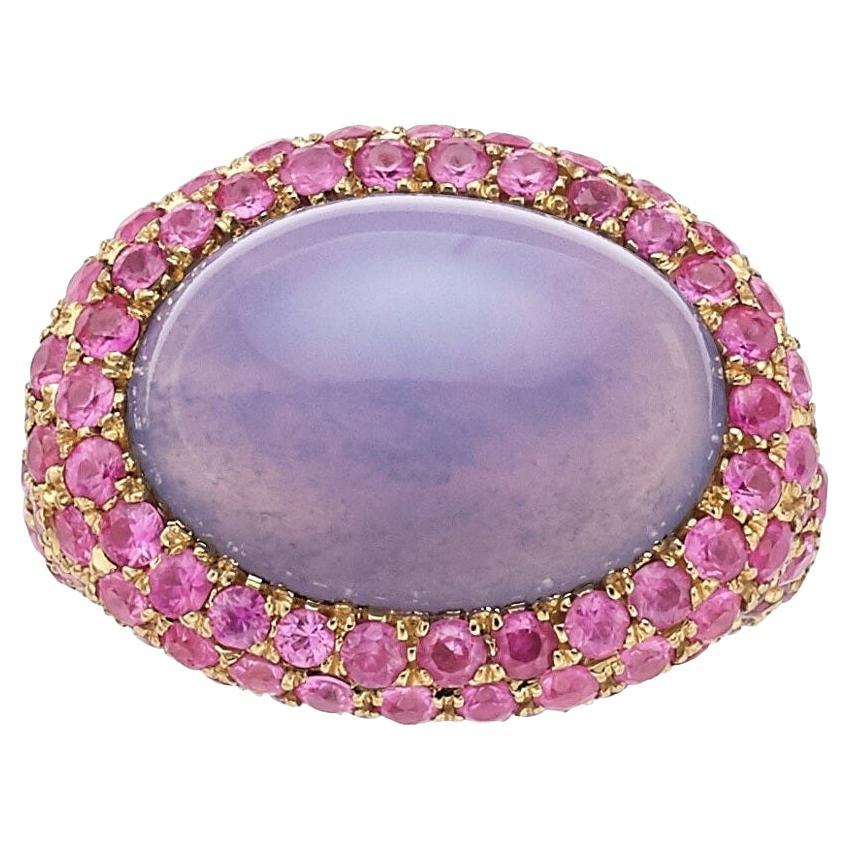 18k Rose Gold 12.9 ct Chalcedony Cabochon Ring with Pink Sapphire Accents Sz 6.5