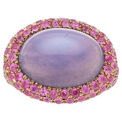Anillo de oro rosa de 18k con cabujón de calcedonia de 12,9 ct y detalles de zafiro rosa Sz 6.5