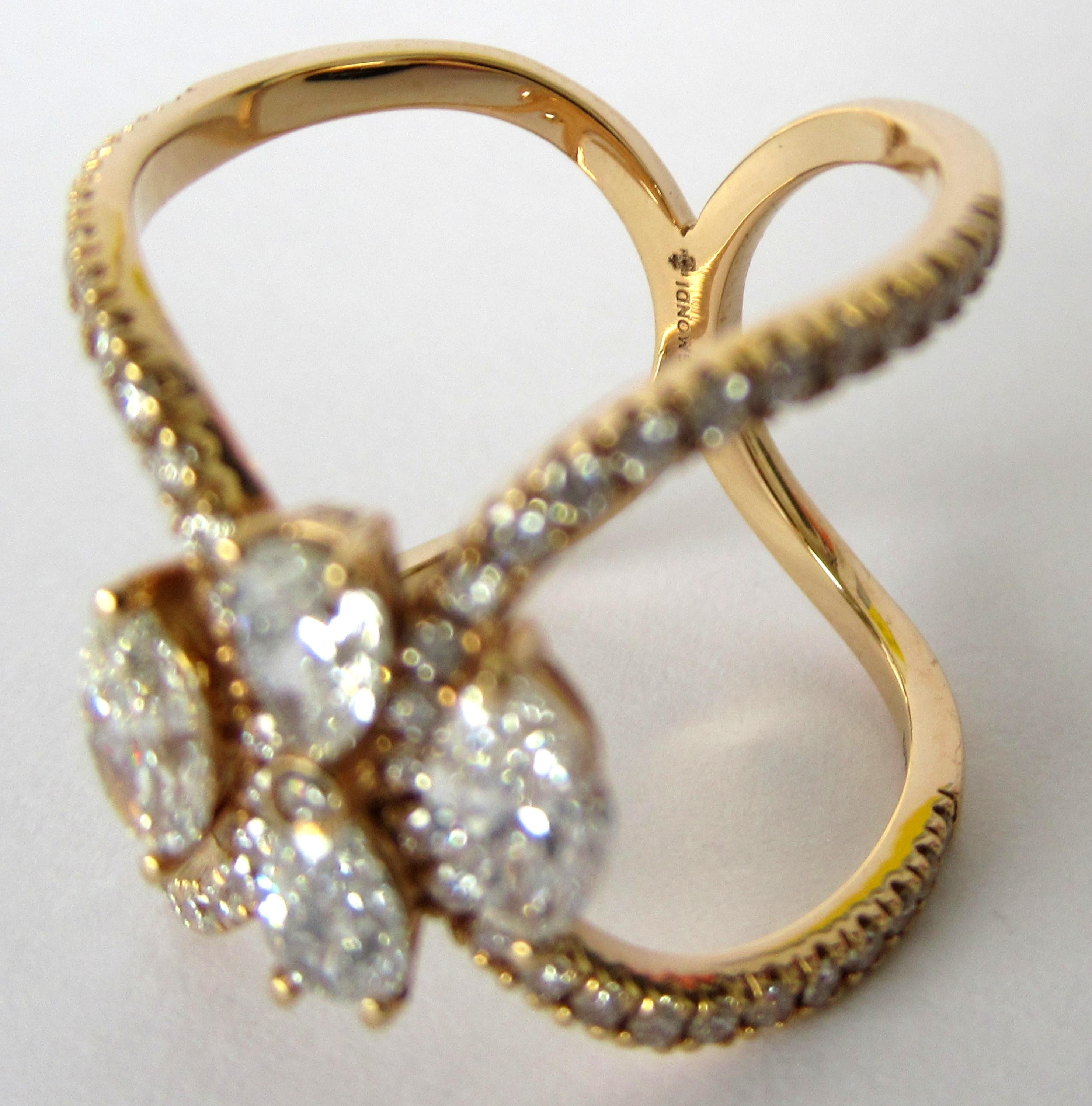 Mixed Cut 18 Karat Rose Gold 1.39 Carat White Diamonds Crossed Ring For Sale