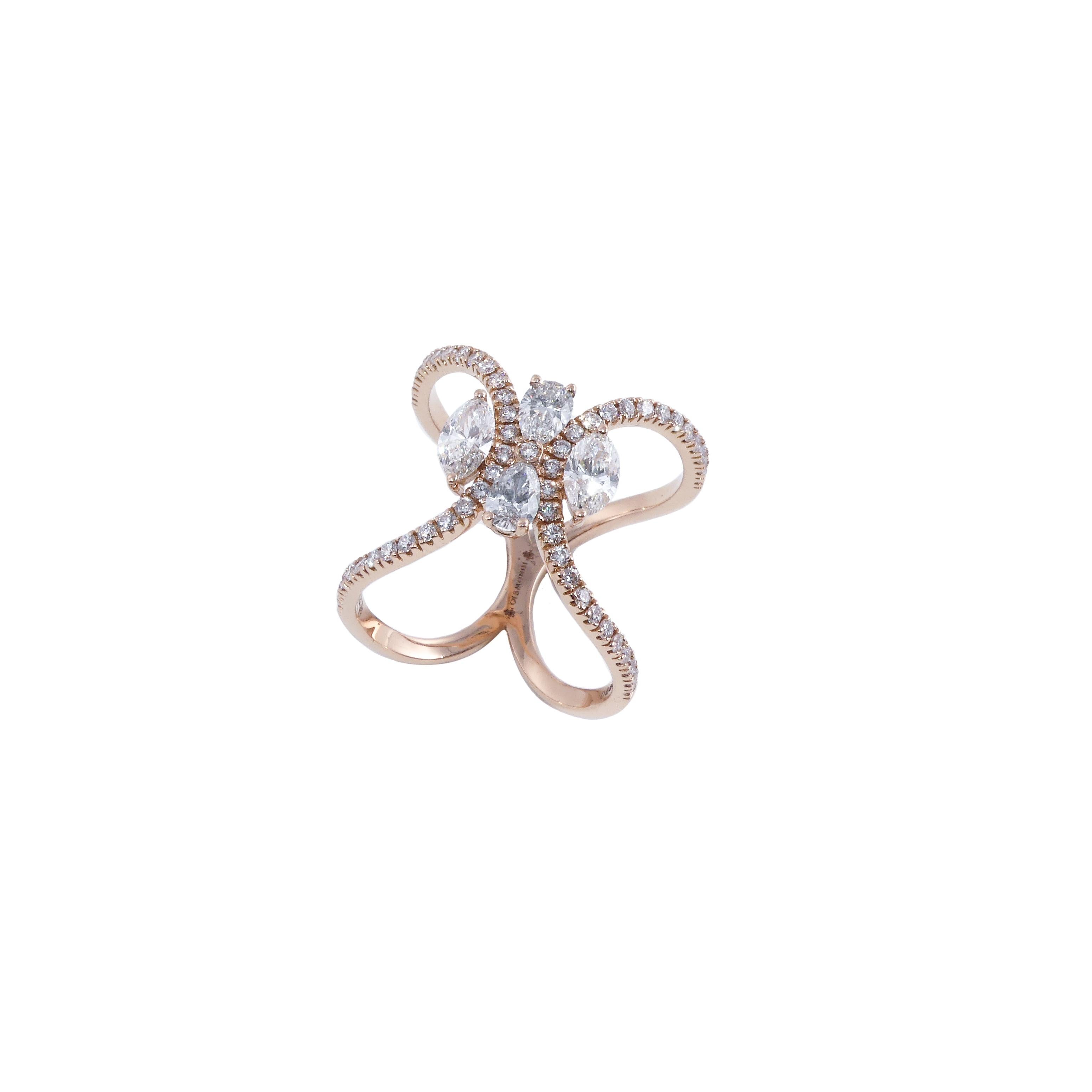 18 Karat Rose Gold 1.39 Carat White Diamonds Crossed Ring In New Condition For Sale In Genoa, IT