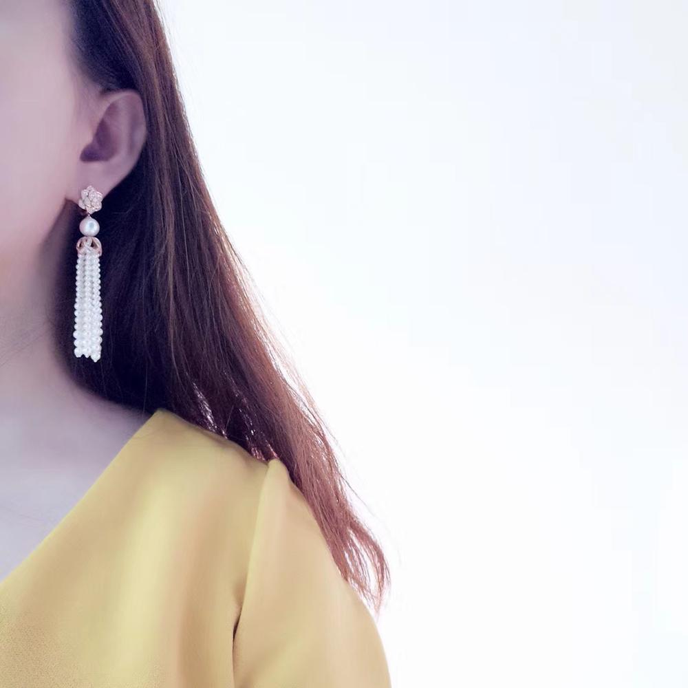 Uncut 【Crown Radiance】Blooming Tassel Akoya & Freshwater Pearl Earrings 18K Rose Gold For Sale