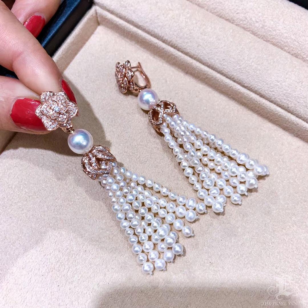 【Crown Radiance】Blooming Tassel Akoya & Freshwater Pearl Earrings 18K Rose Gold In New Condition For Sale In New York, NY