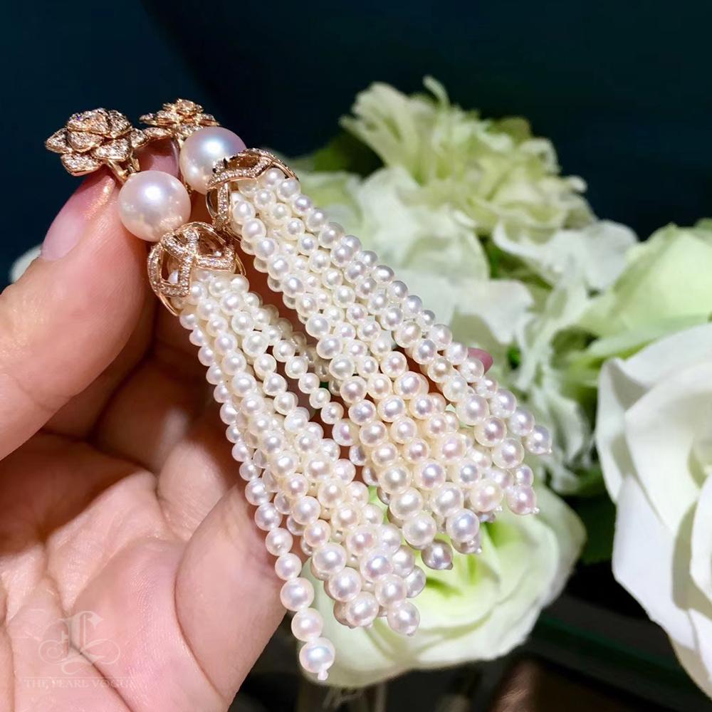 Women's 【Crown Radiance】Blooming Tassel Akoya & Freshwater Pearl Earrings 18K Rose Gold For Sale