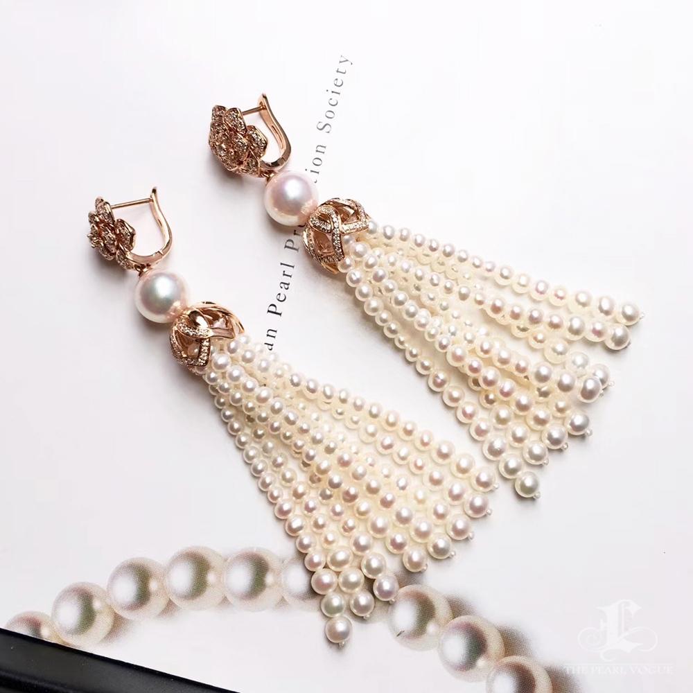 【Crown Radiance】Blooming Tassel Akoya & Freshwater Pearl Earrings 18K Rose Gold For Sale 4