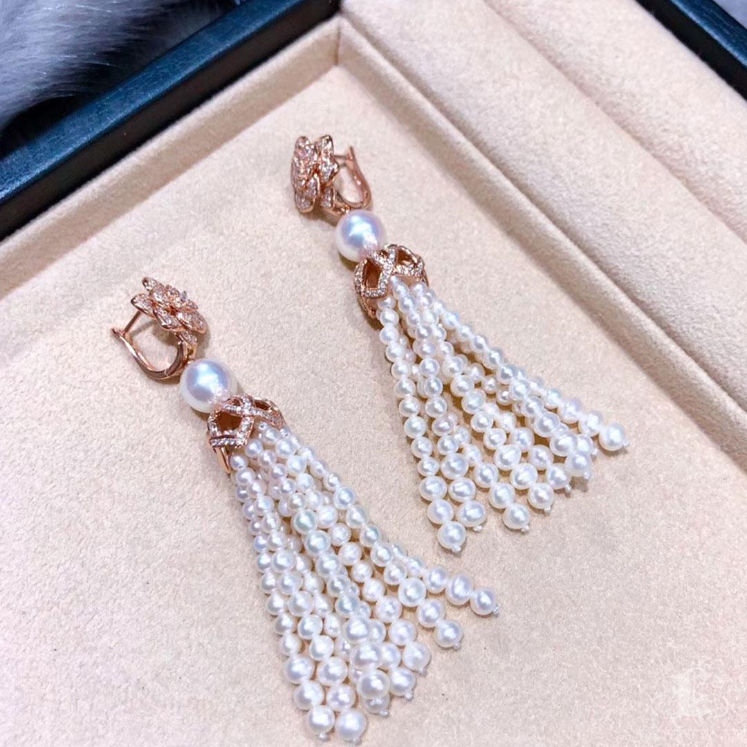 【Crown Radiance】Blooming Tassel Akoya & Freshwater Pearl Earrings 18K Rose Gold For Sale 5