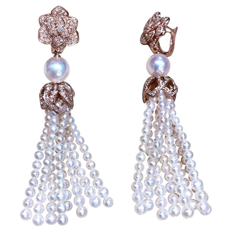 【Crown Radiance】Blooming Tassel Akoya & Freshwater Pearl Earrings 18K Rose Gold For Sale