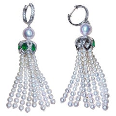 【Crown Radiance】Emerald Tassel Akoya Pearl & Diamond Earrings