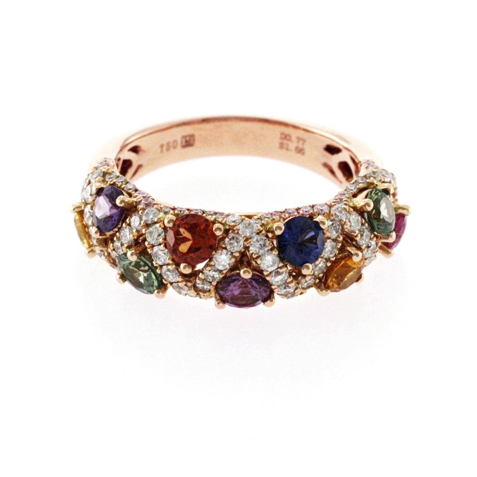 18 Karat Rose Gold 1.88 Carat Multi-Color Stones with 0.89 Diamonds Band Ring In Excellent Condition For Sale In Los Angeles, CA