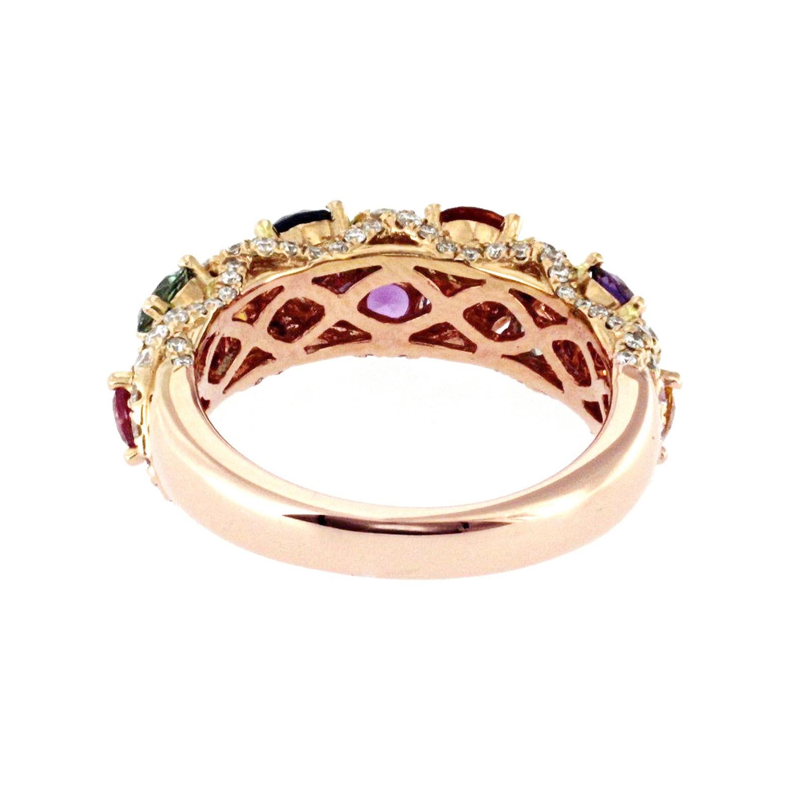 Women's 18 Karat Rose Gold 1.88 Carat Multi-Color Stones with 0.89 Diamonds Band Ring For Sale
