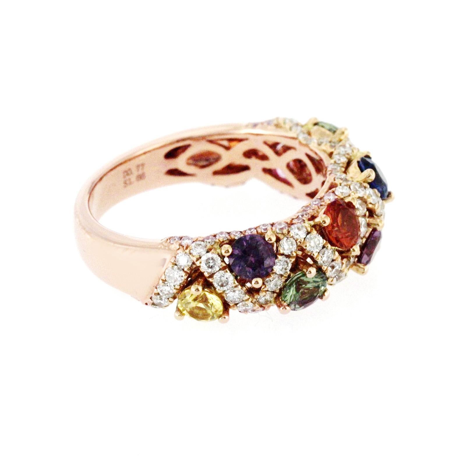 18 Karat Rose Gold 1.88 Carat Multi-Color Stones with 0.89 Diamonds Band Ring For Sale 1