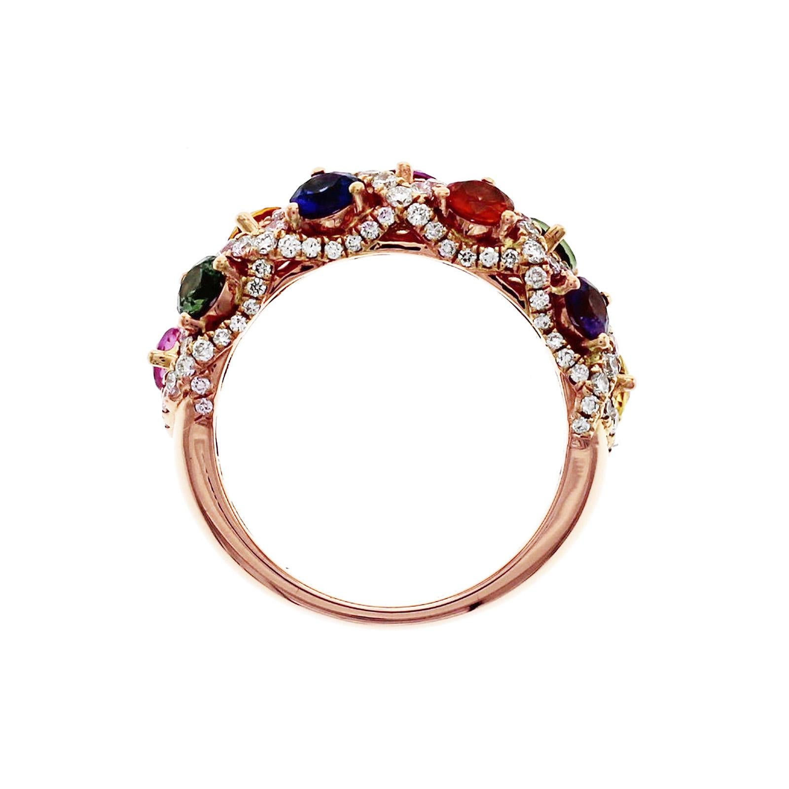 18 Karat Rose Gold 1.88 Carat Multi-Color Stones with 0.89 Diamonds Band Ring For Sale 2