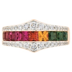 18K Rose Gold 1.88ct Channel Square Faceted Cut Rainbow Sapphire w/ Diamond Ring