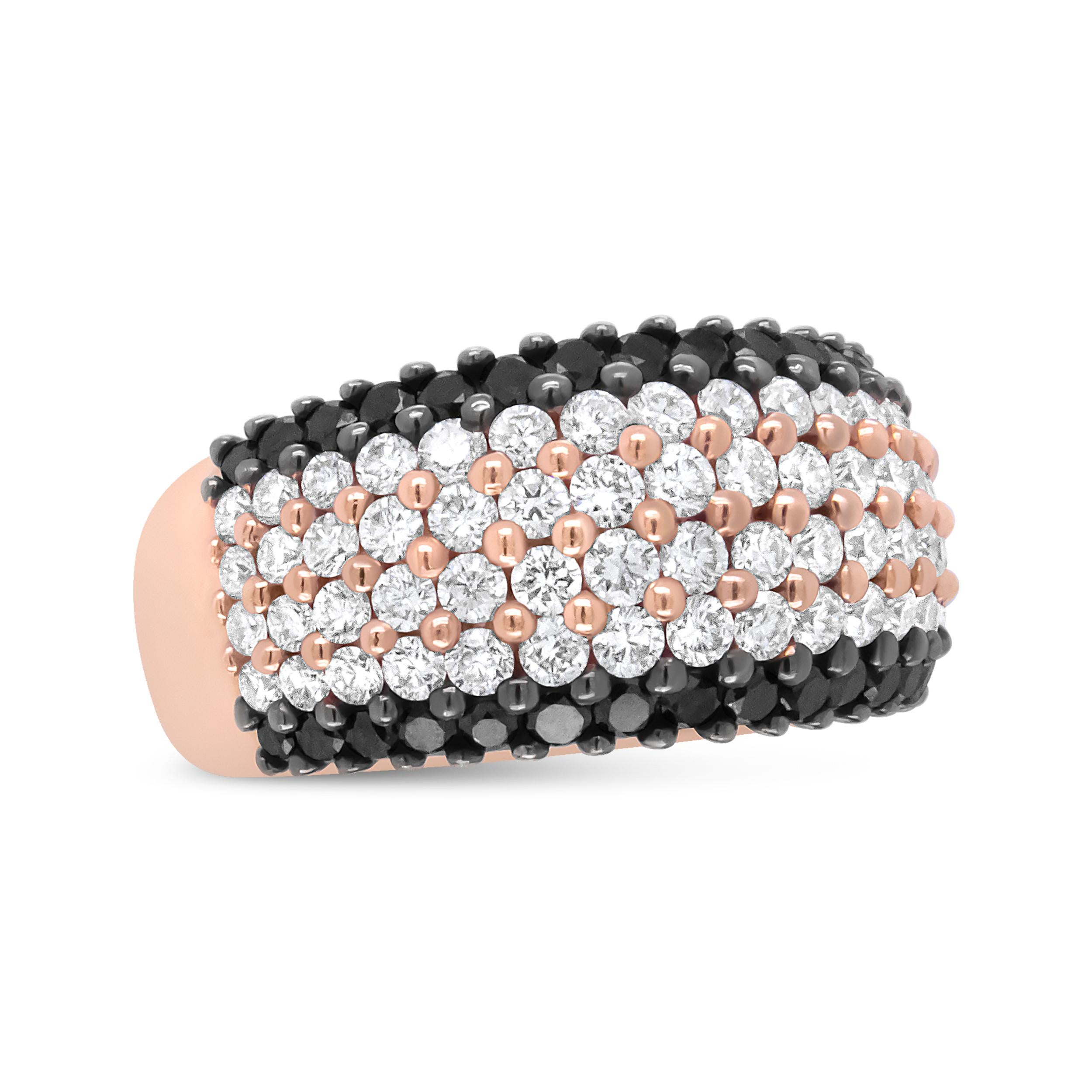 Pops of rose gold dance delicately across this black and white colored piece. The 18k rose gold band has 4 central rows of natural white diamonds flanked by a row of treated black diamonds on either side. The round-cut white diamonds are embellished