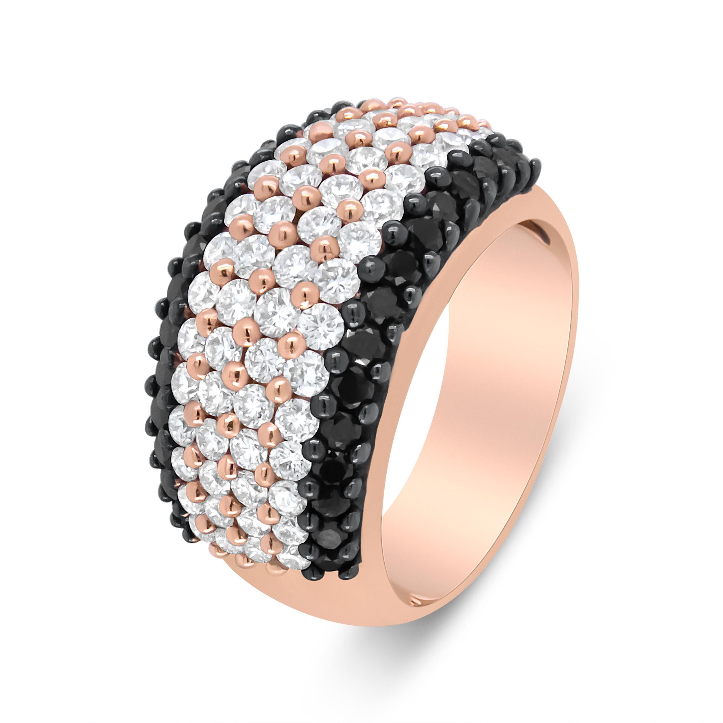 Contemporary 18K Rose Gold 2 1/5 Carat Black and White Diamond 6 Row Band Ring For Sale