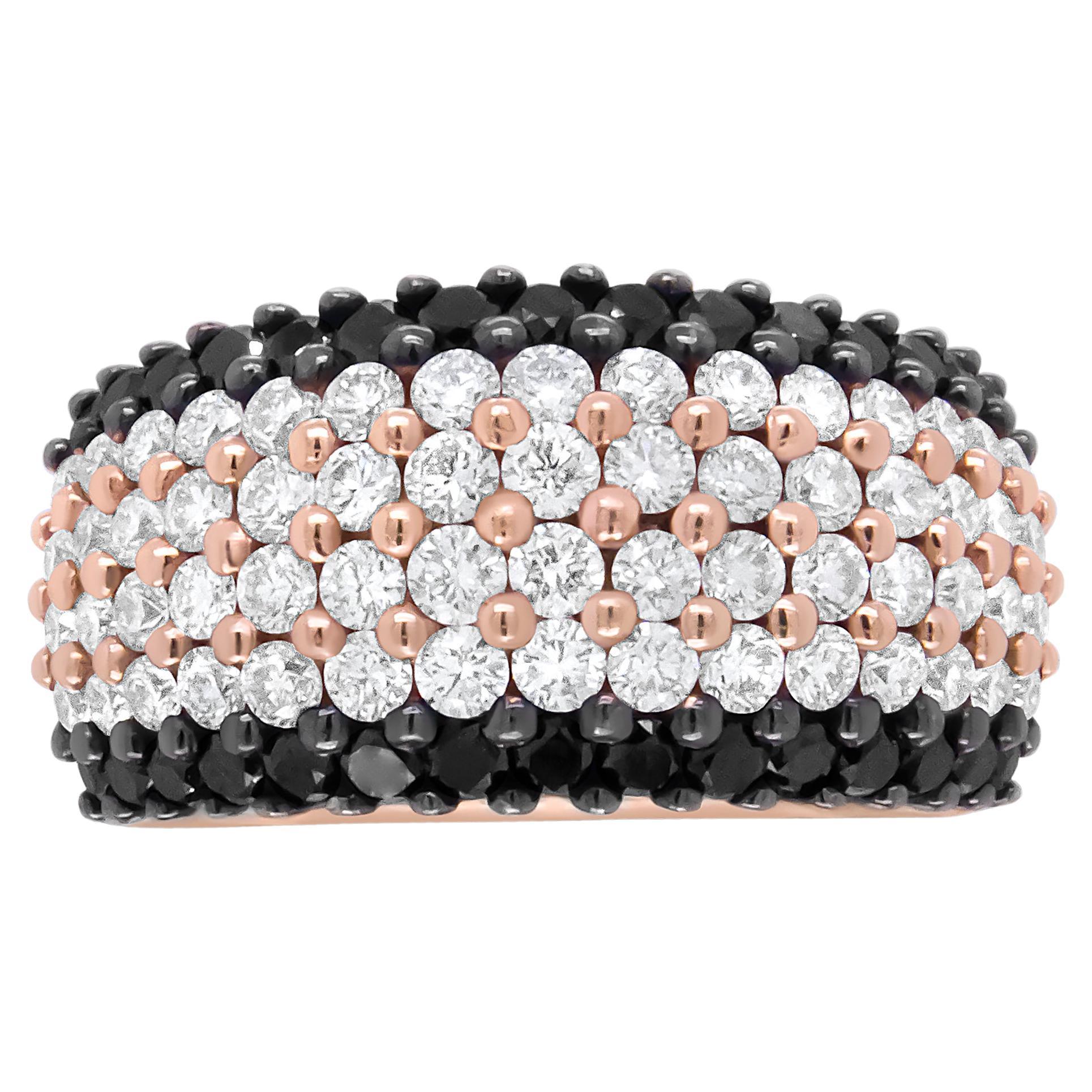 18K Rose Gold 2 1/5 Carat Black and White Diamond 6 Row Band Ring For Sale