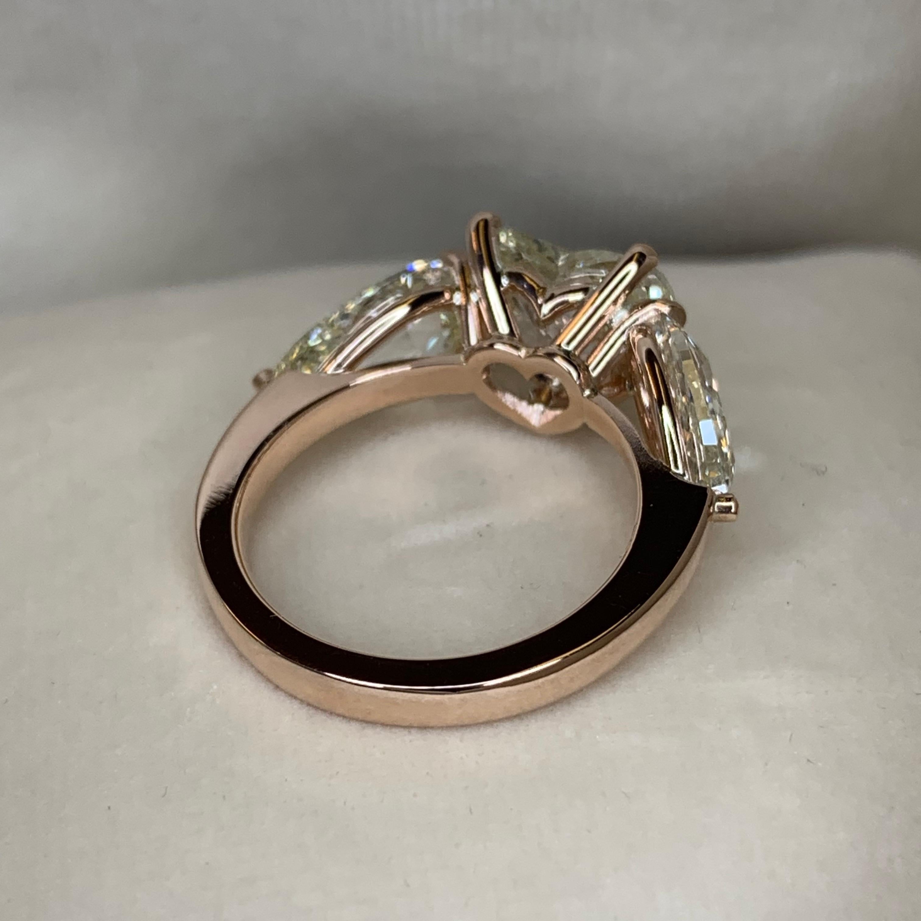 18K Rose Gold 2 Carat Heart shape and 2, 88 carat rose-cut Diamond Trilogy ring 1