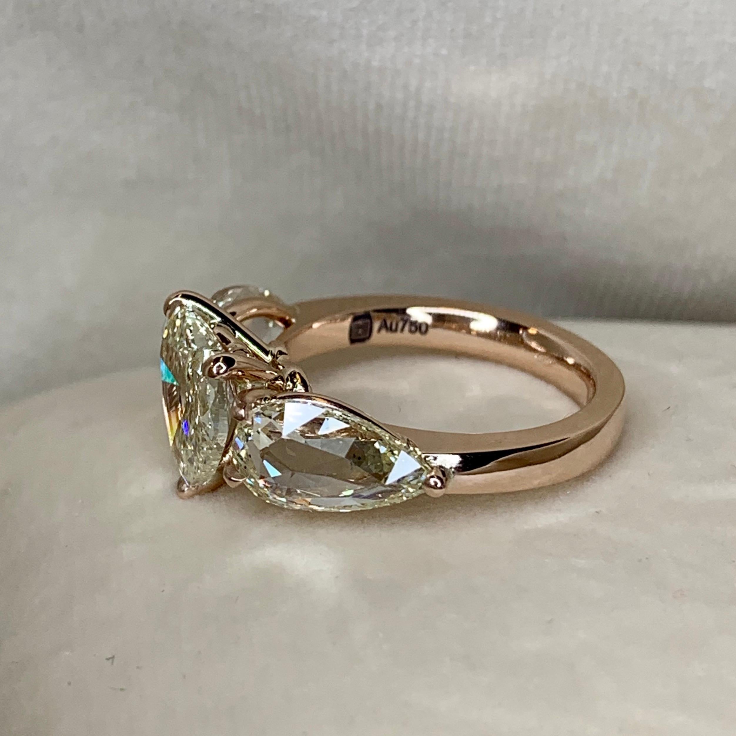 18K Rose Gold 2 Carat Heart shape and 2, 88 carat rose-cut Diamond Trilogy ring 4