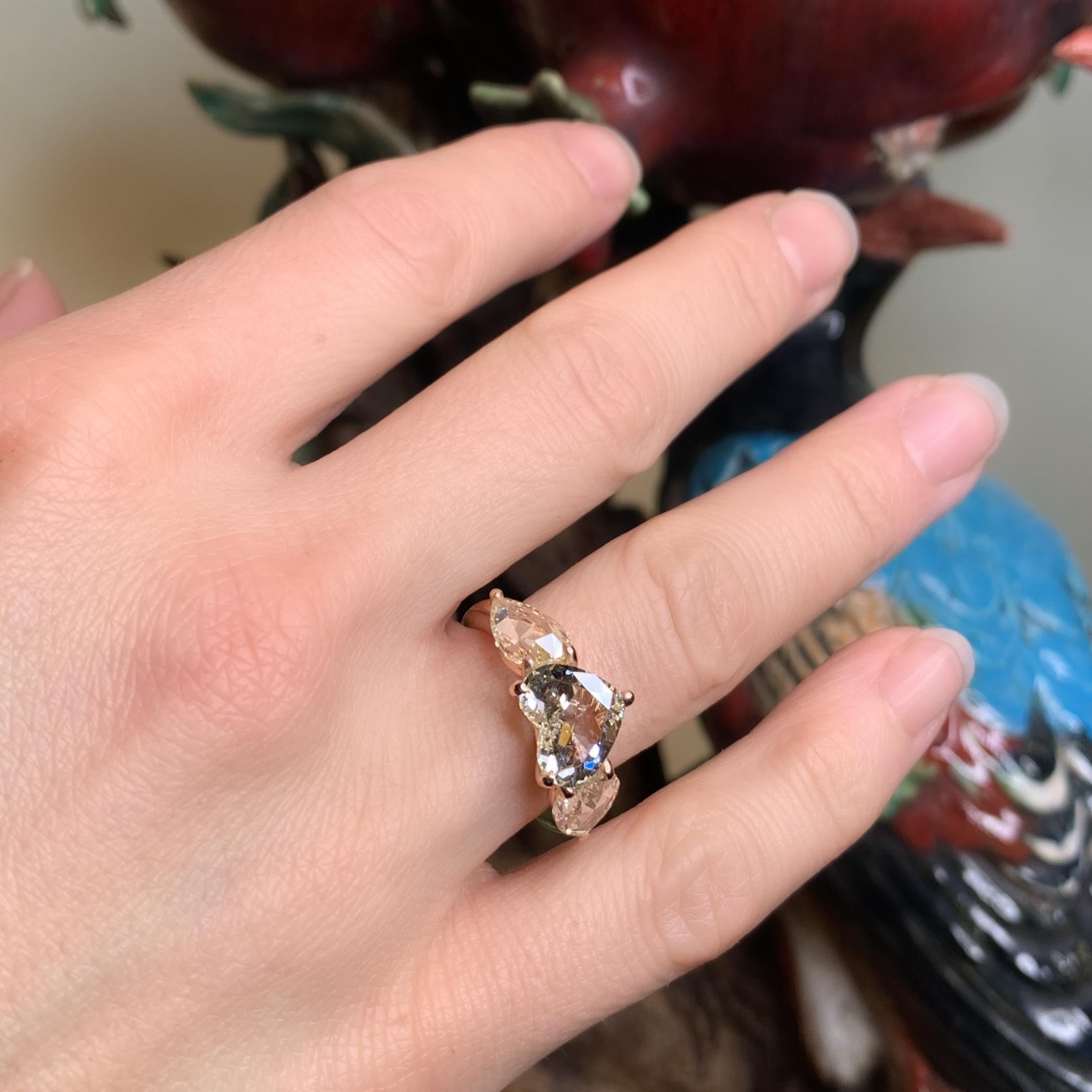 18K Rose Gold 2 Carat Heart shape and 2, 88 carat rose-cut Diamond Trilogy ring 8