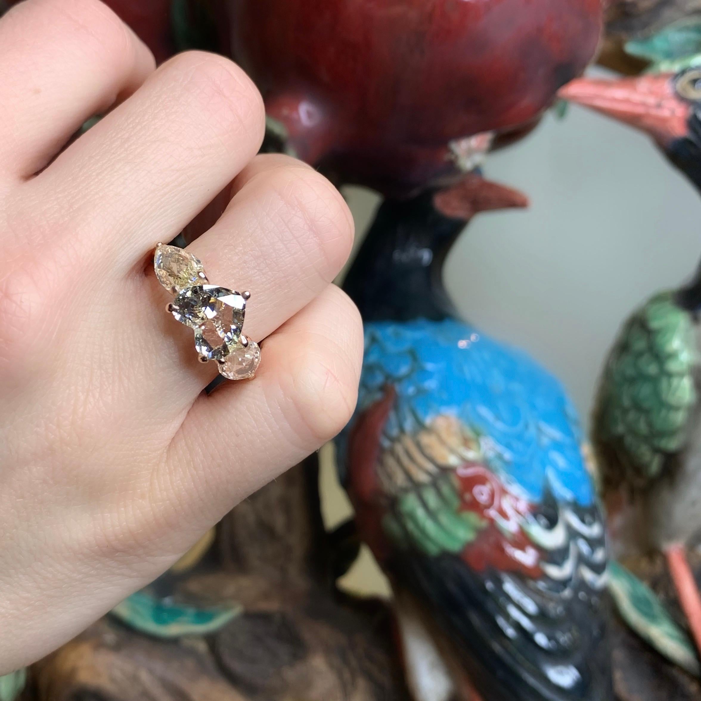 18K Rose Gold 2 Carat Heart shape and 2, 88 carat rose-cut Diamond Trilogy ring 10
