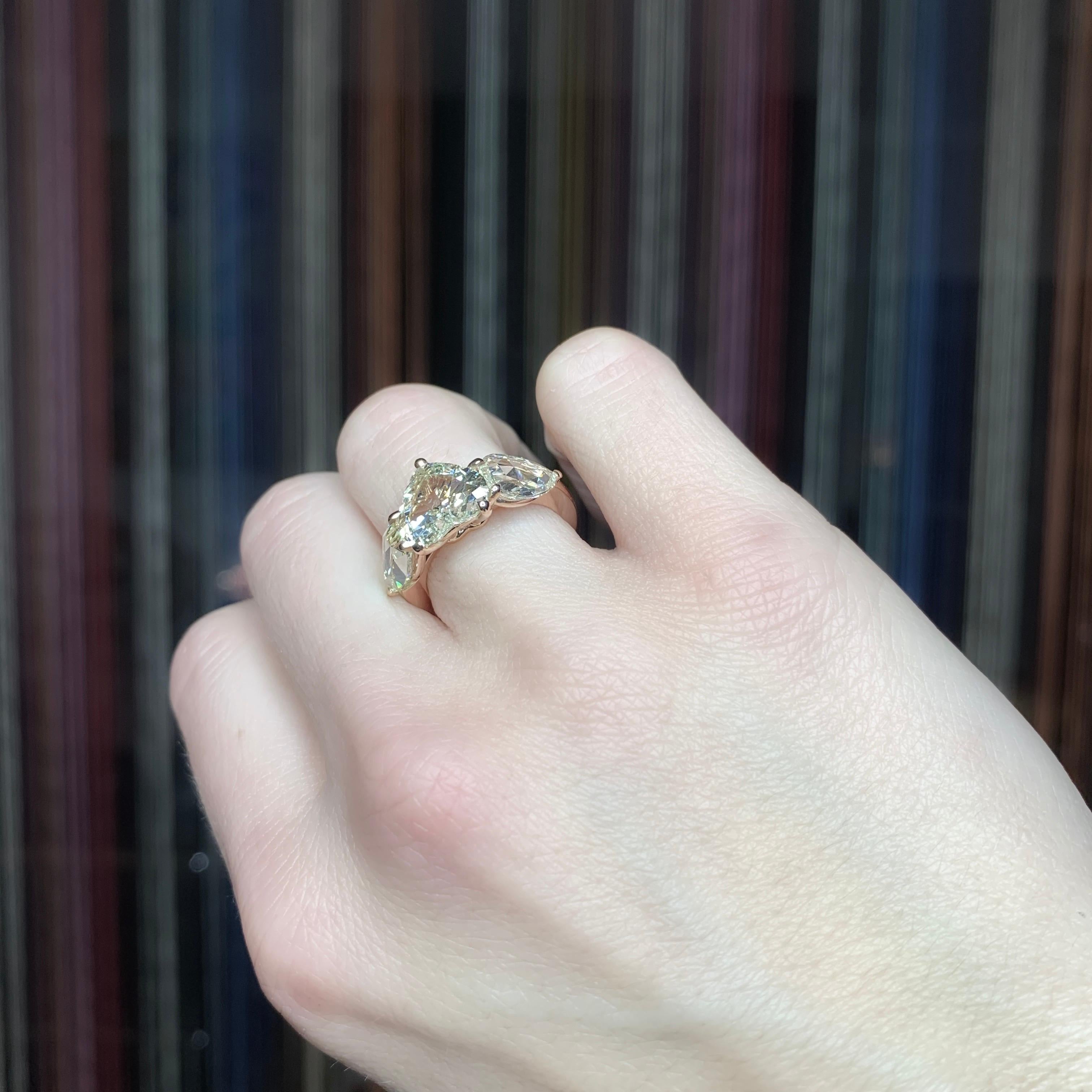 Contemporary 18K Rose Gold 2 Carat Heart shape and 2, 88 carat rose-cut Diamond Trilogy ring