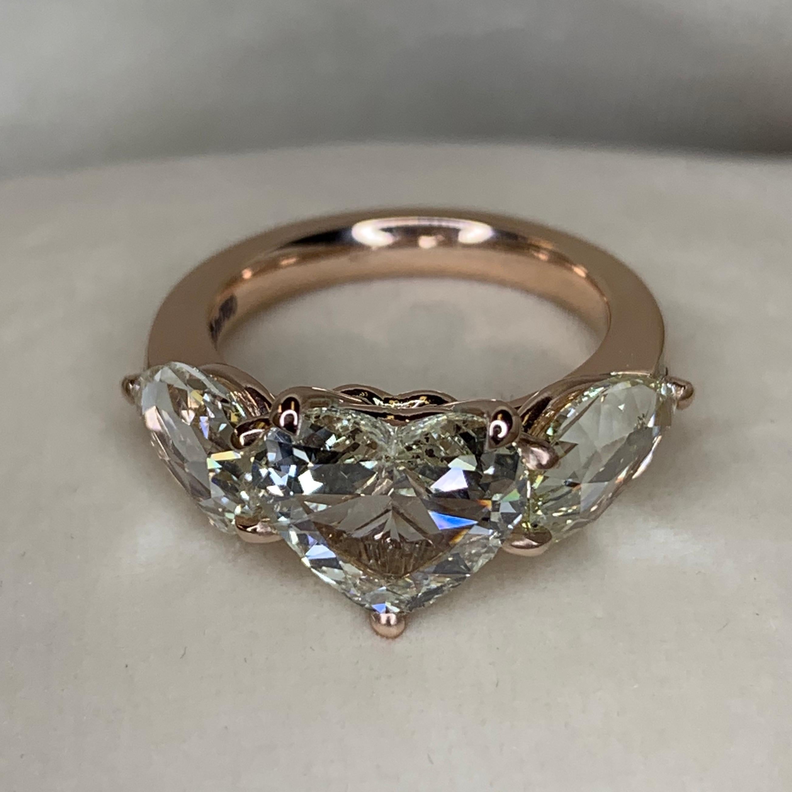 Rose Cut 18K Rose Gold 2 Carat Heart shape and 2, 88 carat rose-cut Diamond Trilogy ring