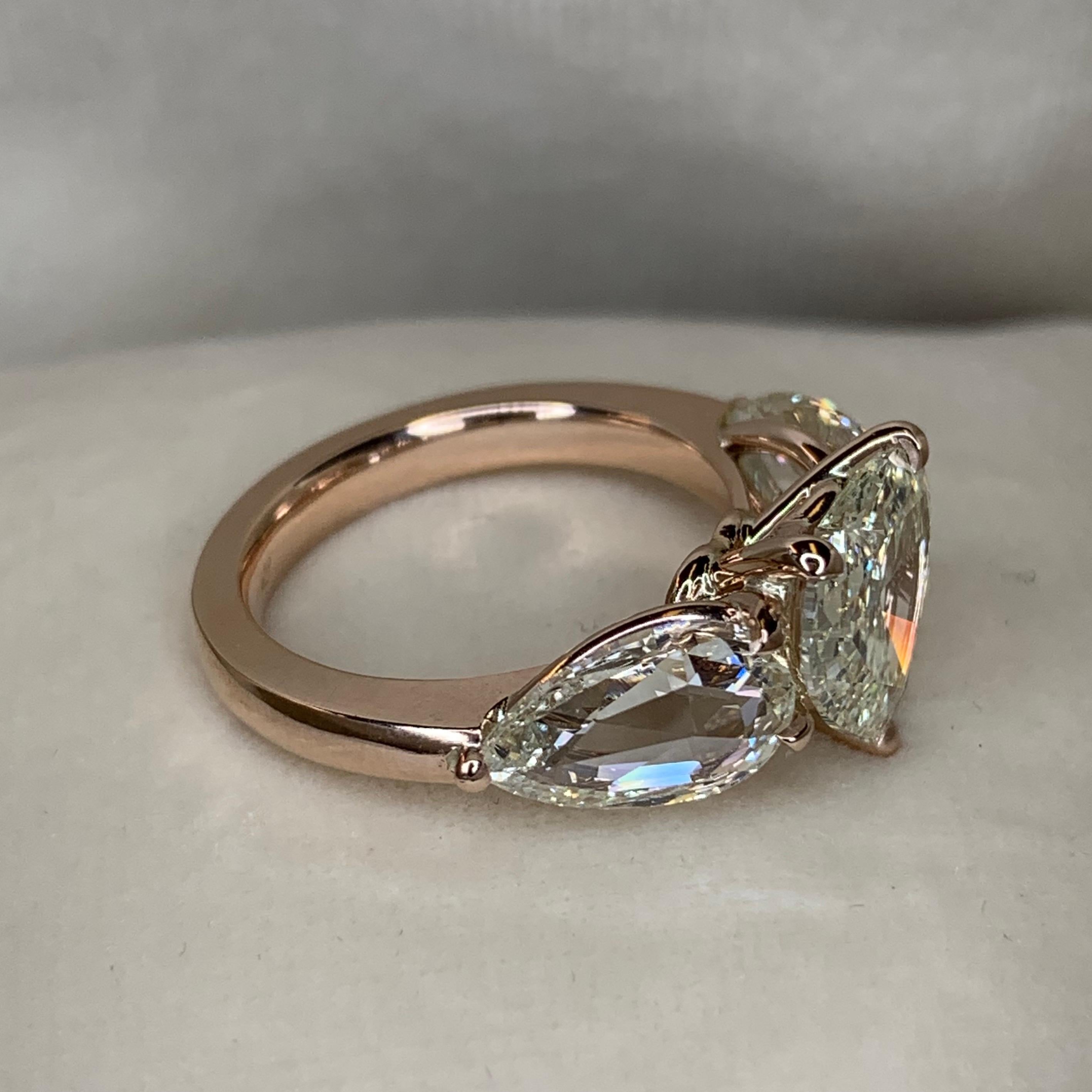 Women's 18K Rose Gold 2 Carat Heart shape and 2, 88 carat rose-cut Diamond Trilogy ring