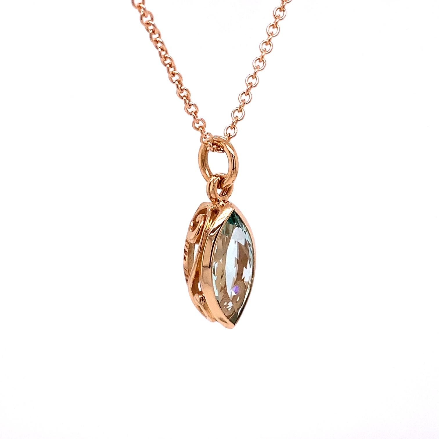 An 18k rose gold pendant featuring one bezel set 2.09 carat marquise shaped green beryl on a 16 inch 1.5mm 14k rose gold cable chain. This pendant was custom designed and made by Sydney Strong.
