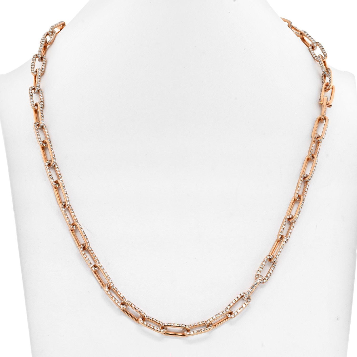 18K Rose Gold 21 Carat Diamond Link Chain Necklace.
Crafted out of 18K rose gold, every paperclip link is accented with round-cut diamonds, total diamond weight is approximately 21 carats; length 22 inches; weight 58 g.  
Stamped 18K. 