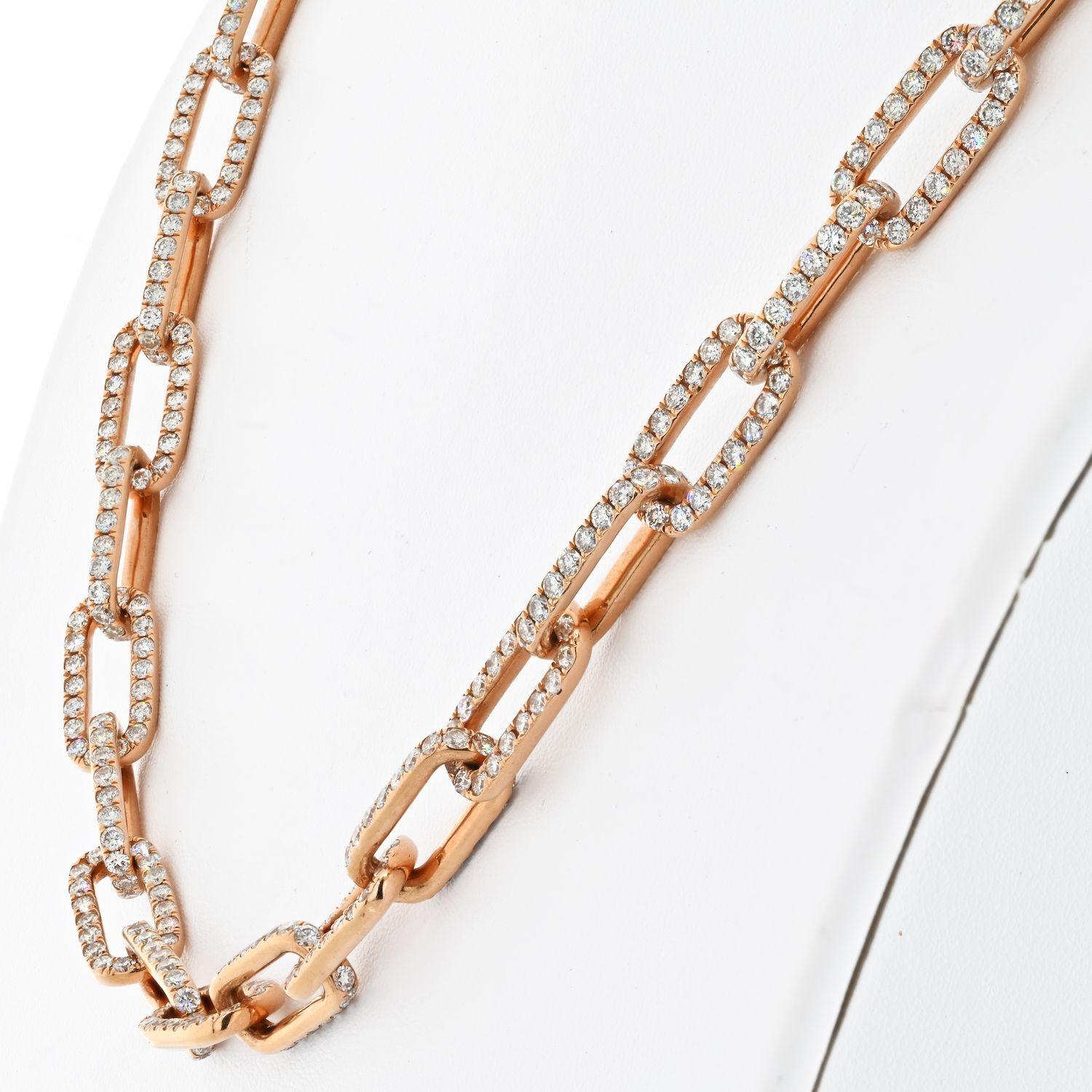 Modern 18K Rose Gold 21 Carat Diamond Link Chain Necklace For Sale