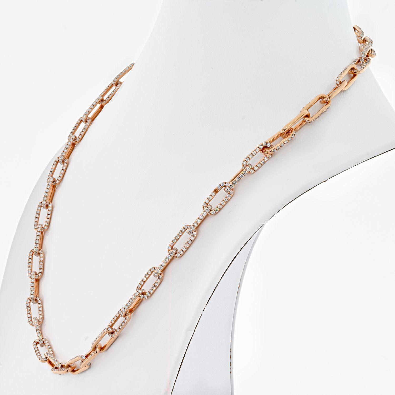 Round Cut 18K Rose Gold 21 Carat Diamond Link Chain Necklace For Sale