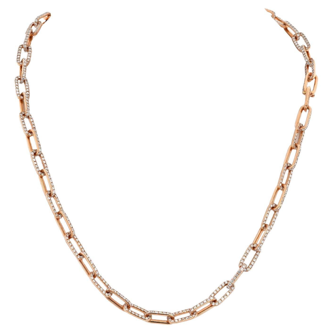 18K Rose Gold 21 Carat Diamond Link Chain Necklace For Sale