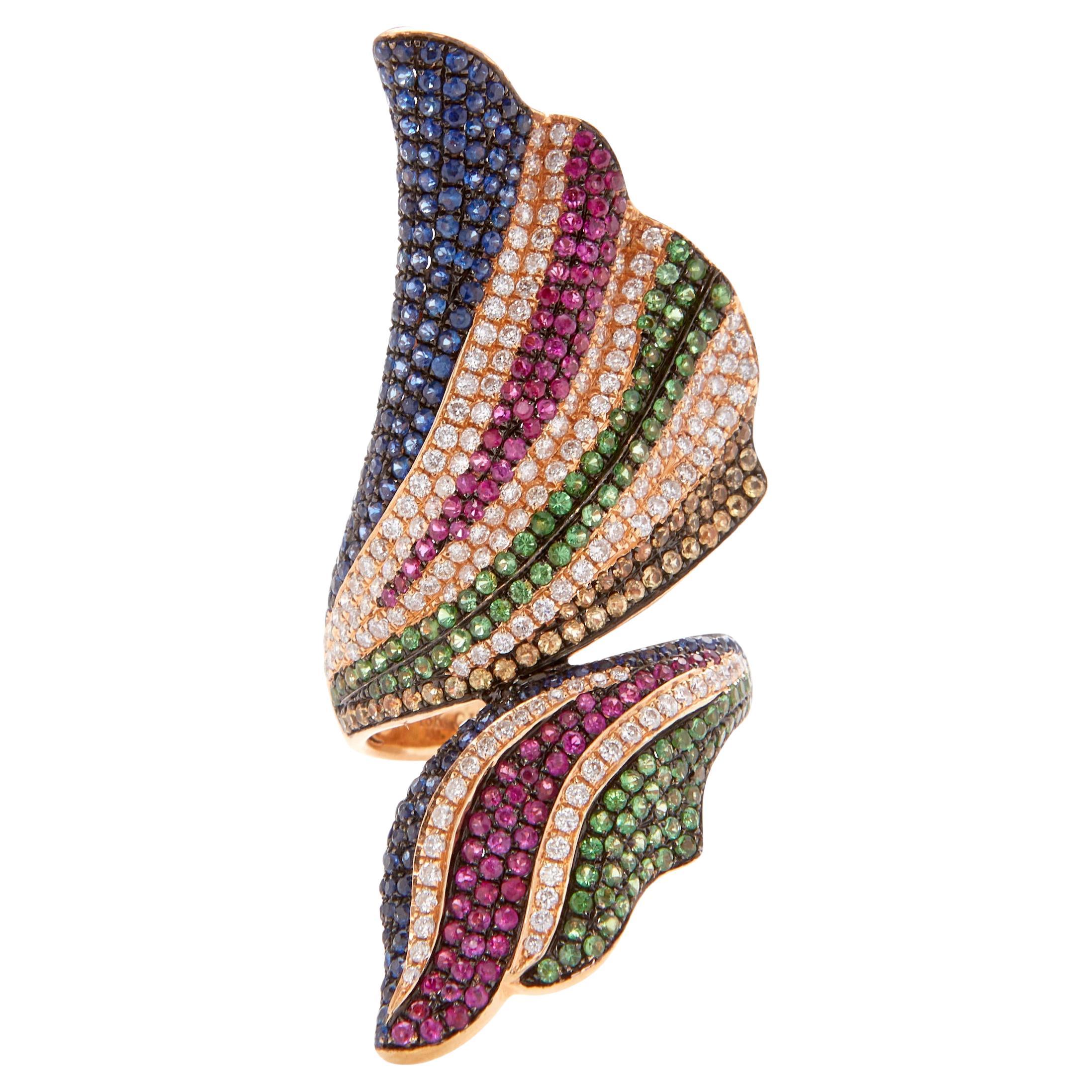 Anello bypass in oro rosa 18k con gemme da 2,1 carati e diamanti da 0,6 carati, misura 7