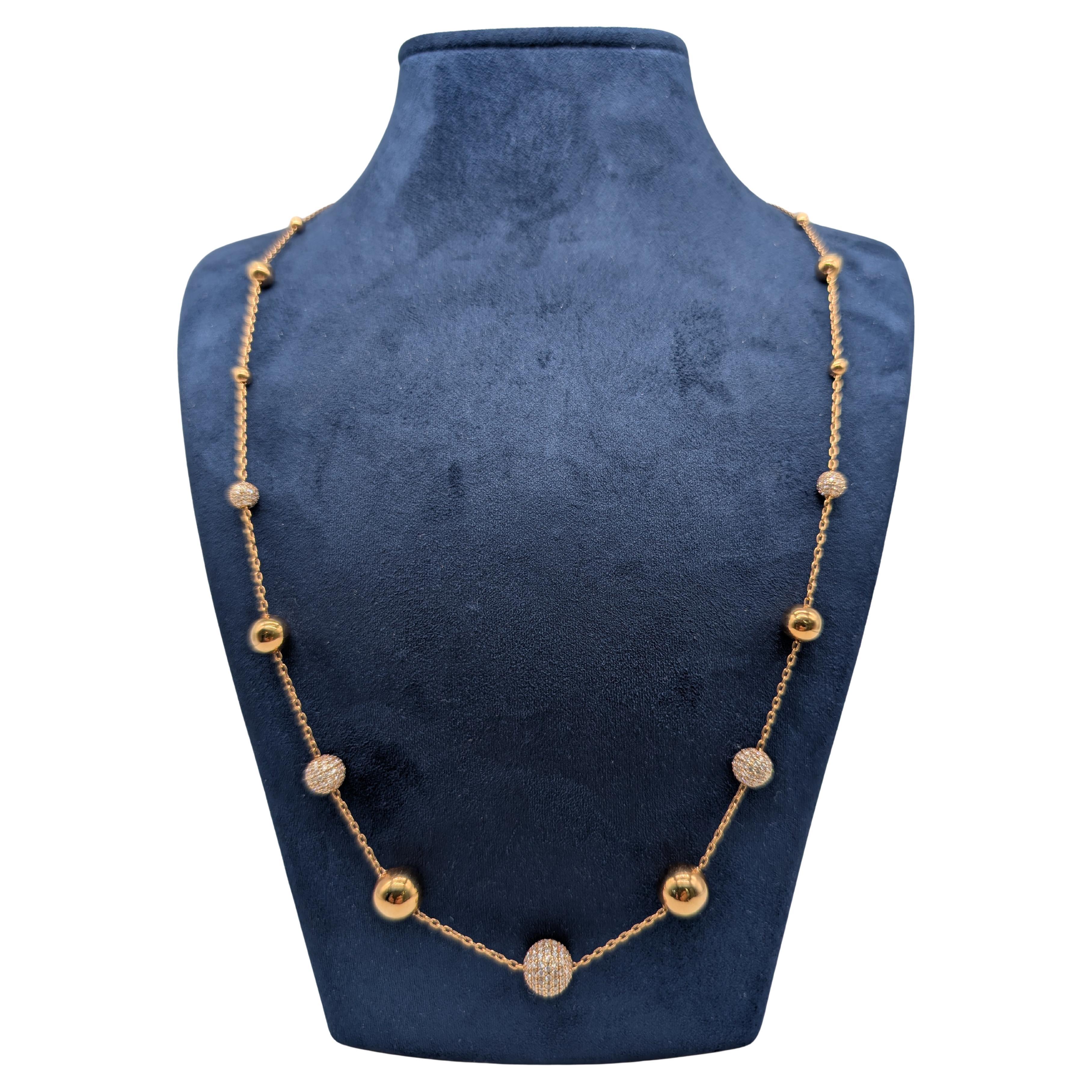 18K Rose Gold 24" Graduated Ball Necklace with Diamonds