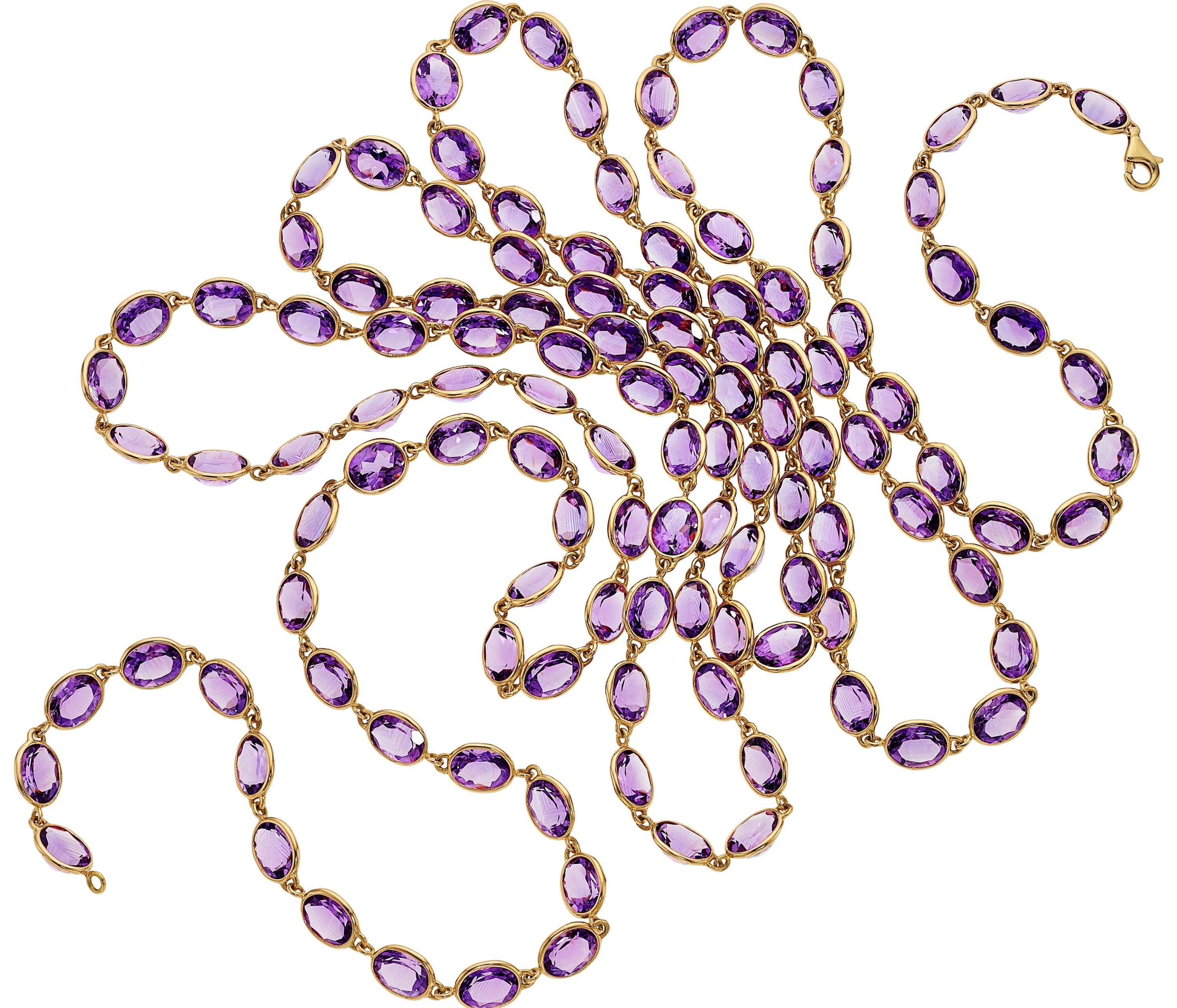 Modern 18k Rose Gold & 240.00 Carat Oval Amethyst Necklace, Size 70 Inches For Sale