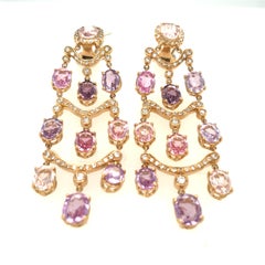 18k Rose Gold 26 Ct Pink and Purple Sapphire Chandelier Earrings w/ 0.7 ct Dia