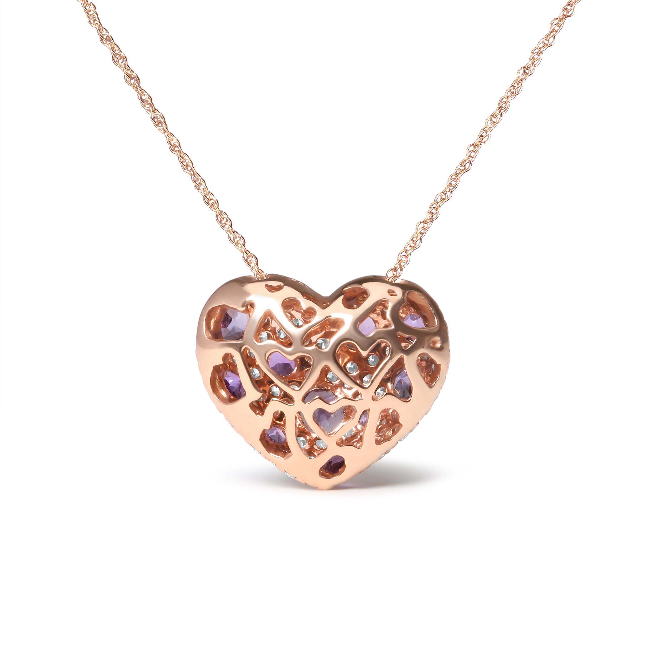 Contemporain Collier pendentif en forme de cœur en or rose 18 carats avec diamants de 3/4 carat et améthyste violette en vente