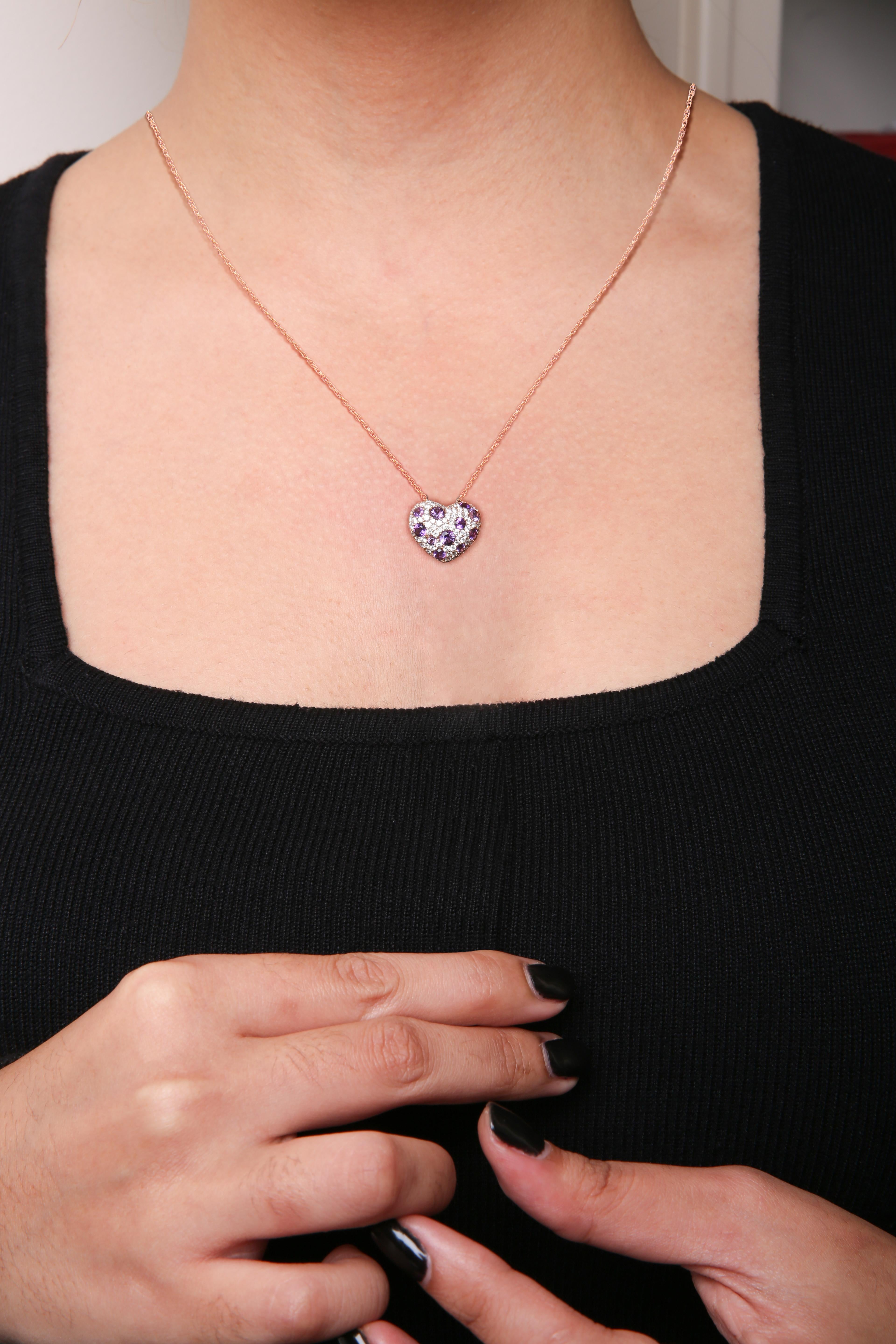 Collier pendentif en forme de cœur en or rose 18 carats avec diamants de 3/4 carat et améthyste violette Neuf - En vente à New York, NY