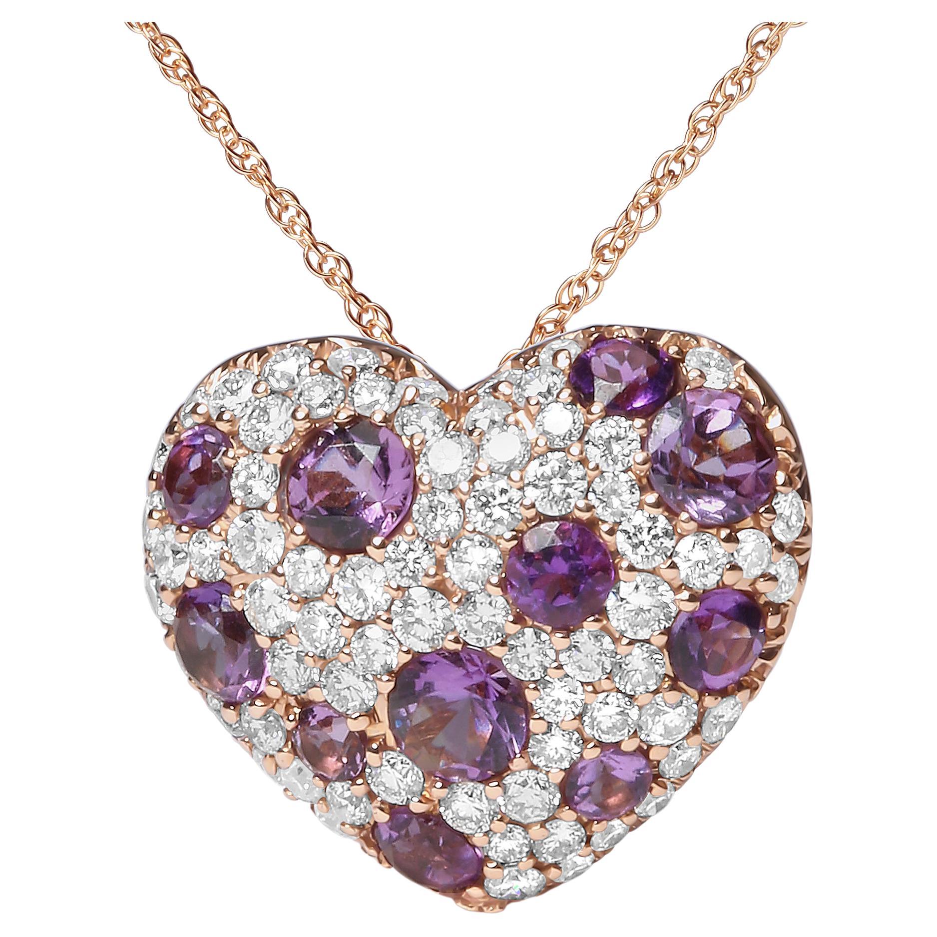 18K Rose Gold 3 4 Carat Diamond And Purple Amethyst Heart Shape Pendant 