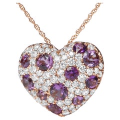 Collier pendentif en forme de cœur en or rose 18 carats avec diamants de 3/4 carat et améthyste violette