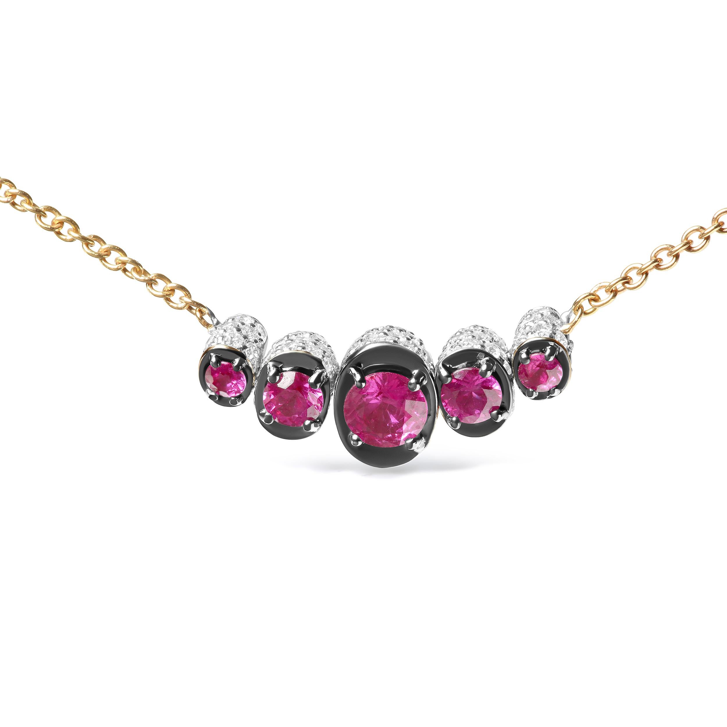 Set in luxurious 18k rose gold, this chocker necklace features a contemporary design of natural round heat-treated red rubies in a 4mm, 3mm, 2mm graduated sizing with the largest at the center, extending out to the smallest on a curved bar.