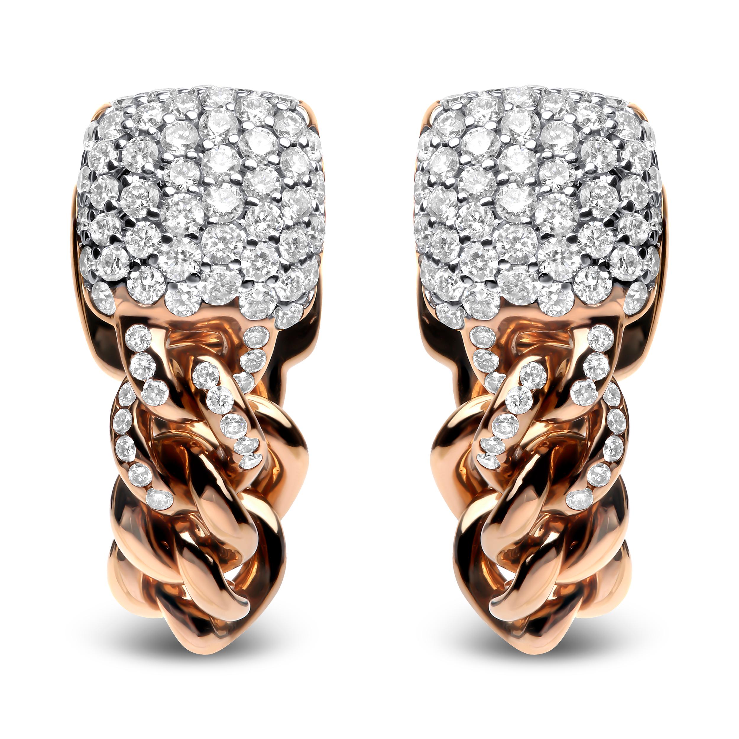 A classic huggie with an edgy twist, these 18k rose gold earrings will put you directly in the spotlight with their unique  design. The pair exudes elegance with 128 total diamonds that cluster in prong-settings in a squared silhouette before