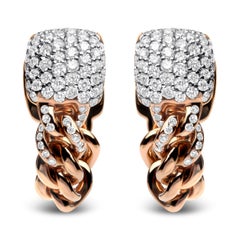 18K Rose Gold 3/4 Carat Round Diamond Pave Cuban Chain Huggie Earrings