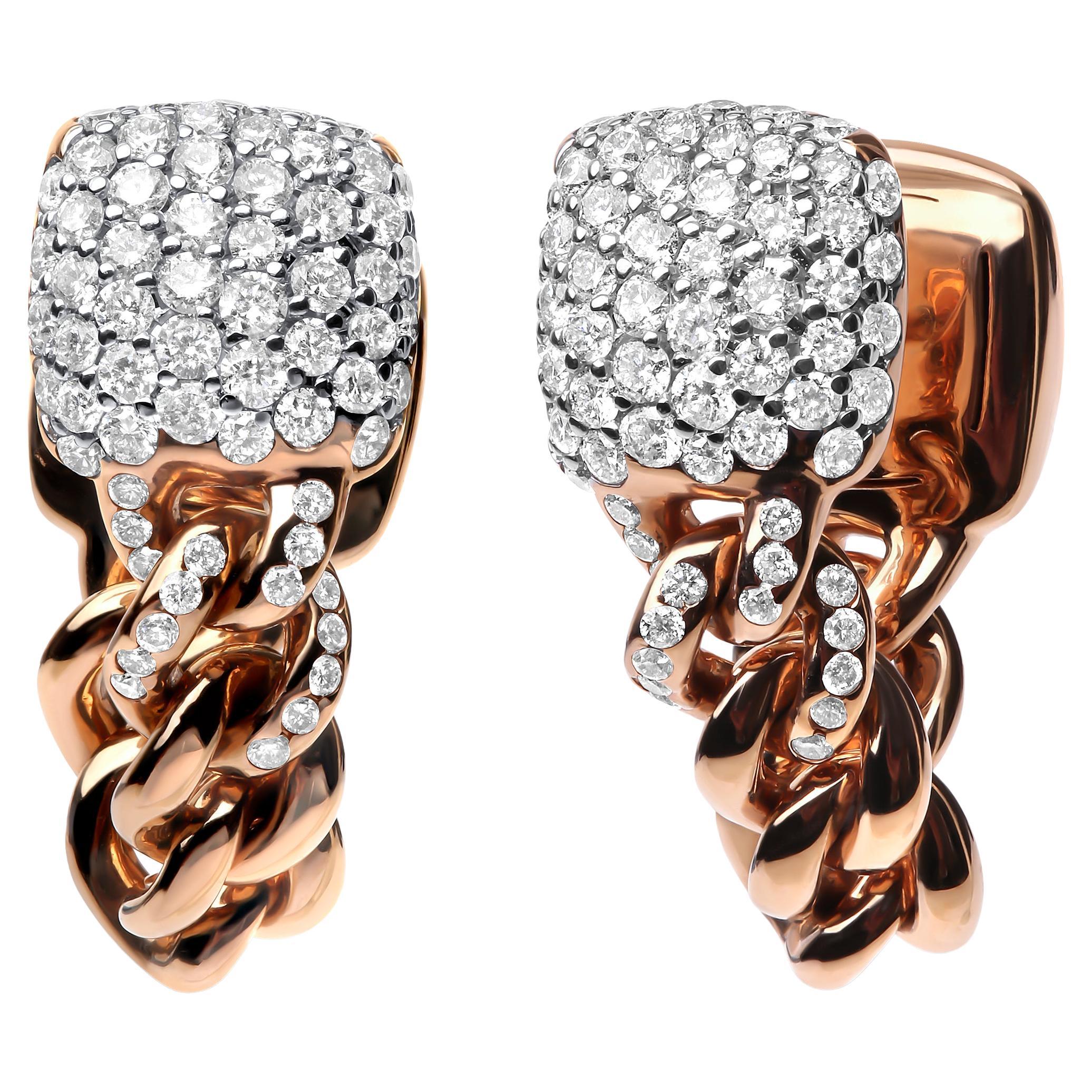 18K Rose Gold 3/4 Carat Round Diamond Pave Cuban Chain Huggie Earrings