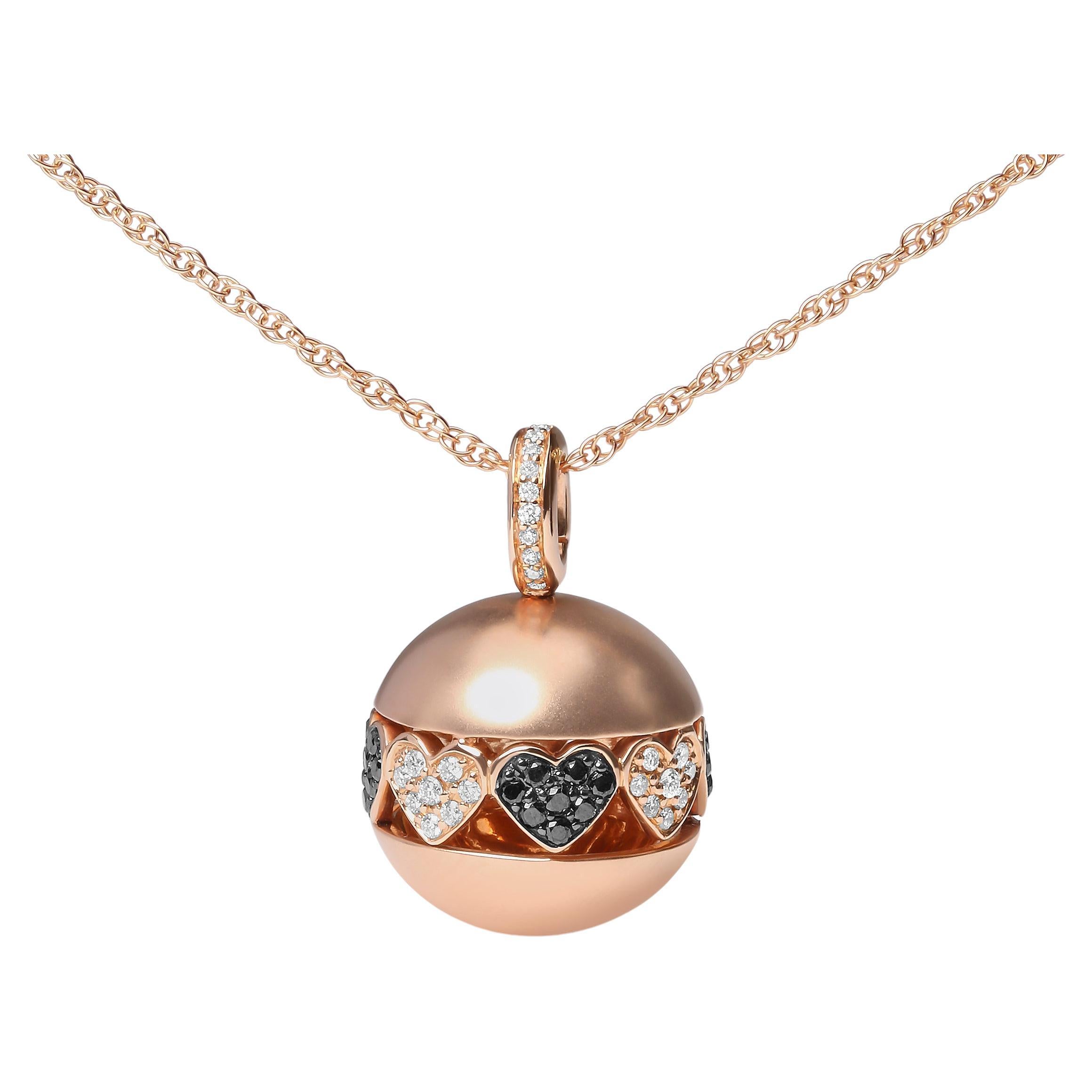 18K Rose Gold 3/8 Carat Black and White Diamond Ball with Filigree Heart Pendant For Sale
