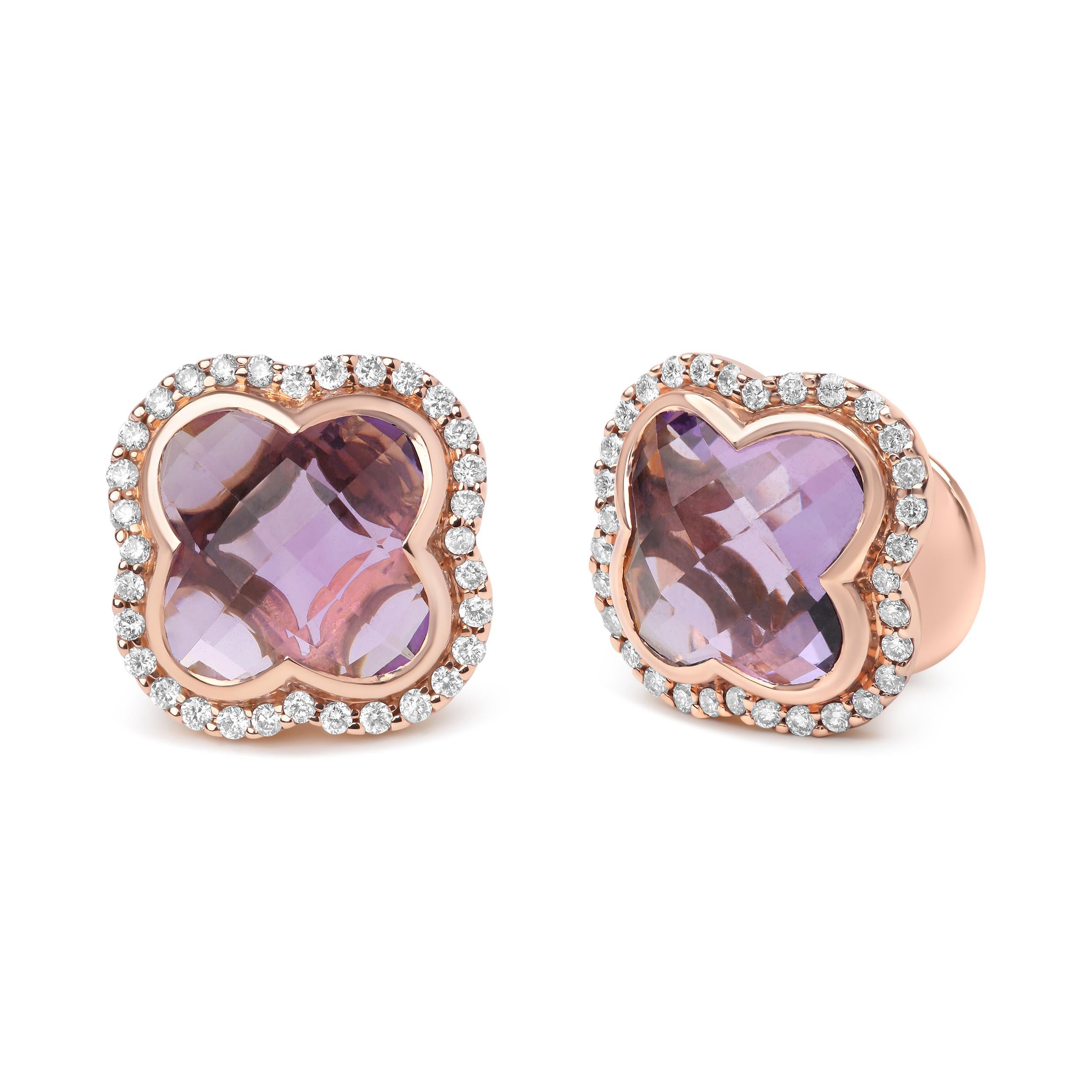 Wear your luck whenever you slip on these gorgeous 18k rose gold stud earrings. These earrings bring you good fortune in the shape of natural 11x11mm clover-cut heat-treated purple amethyst gemstones in an invisible setting which serves to amplify