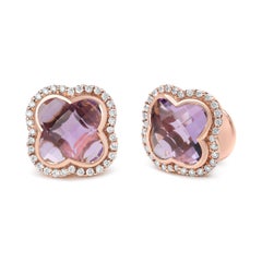18K Rose Gold 3/8 Carat Diamond and Purple Amethyst Gemstone Halo Stud Earrings